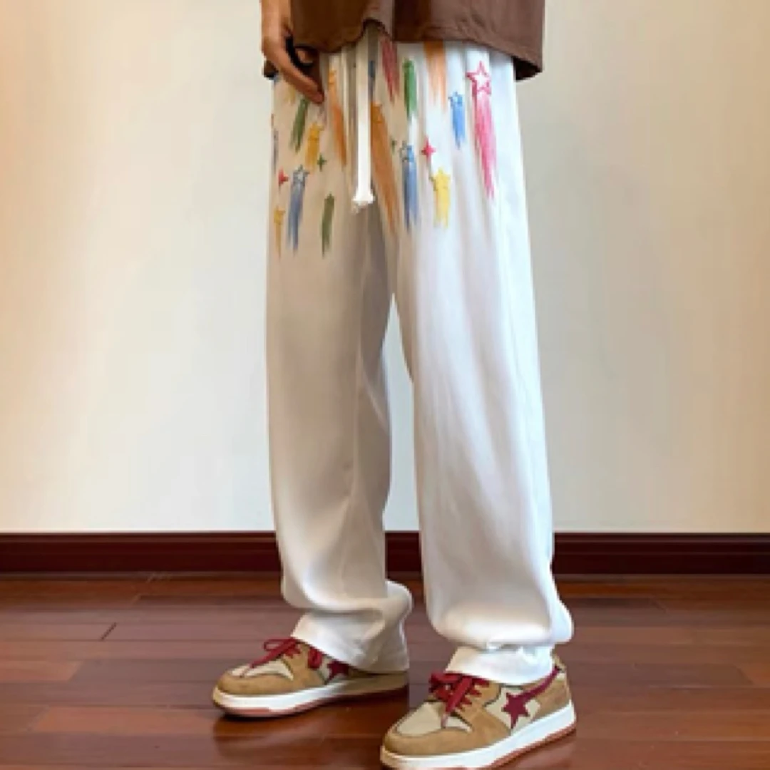 美式hiphop裤子ins高街潮垂坠感刺绣运动裤男星星街舞卫裤