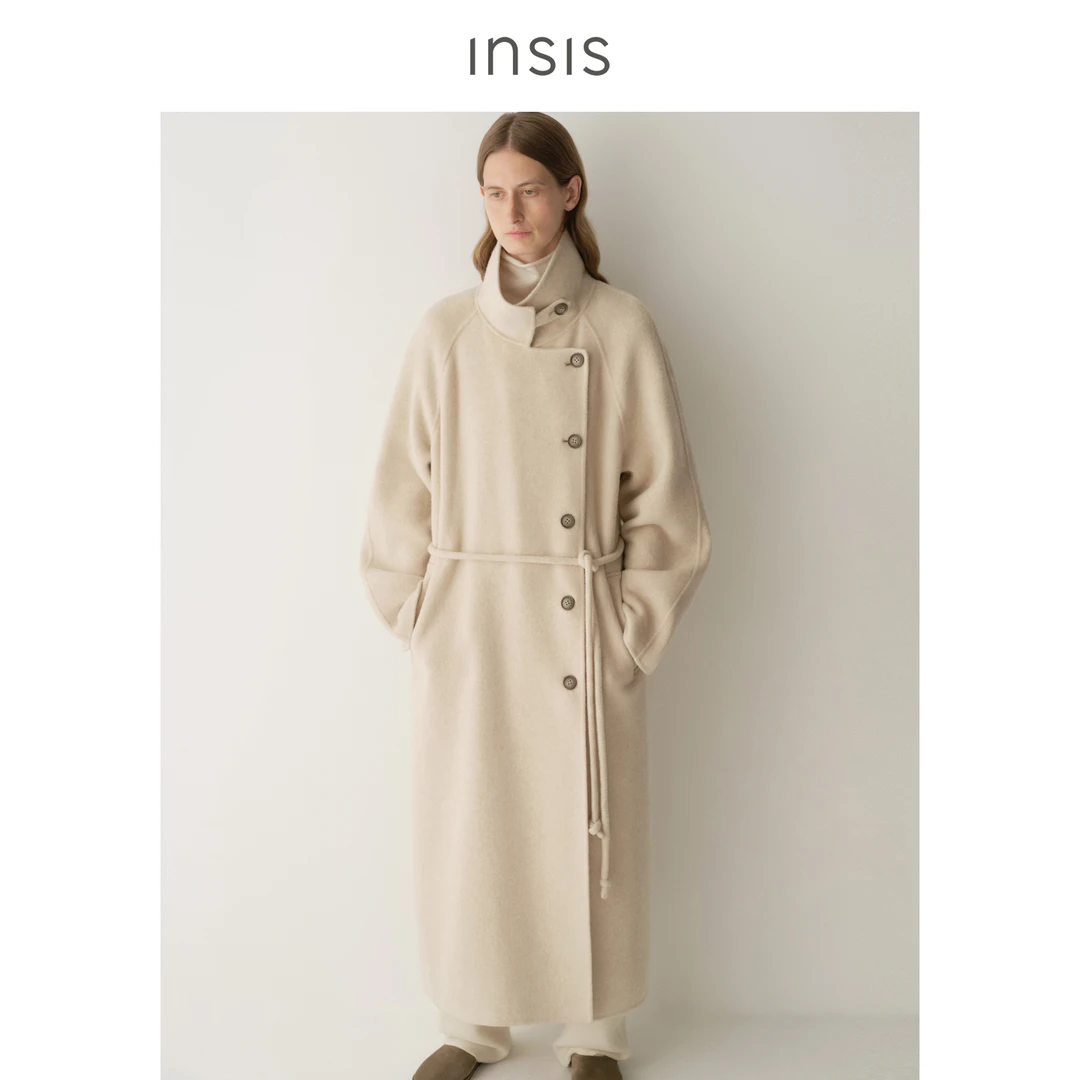 INSIS FEMME绵羊毛双面呢立领小圆绳腰带新中式偏门襟长款大衣女