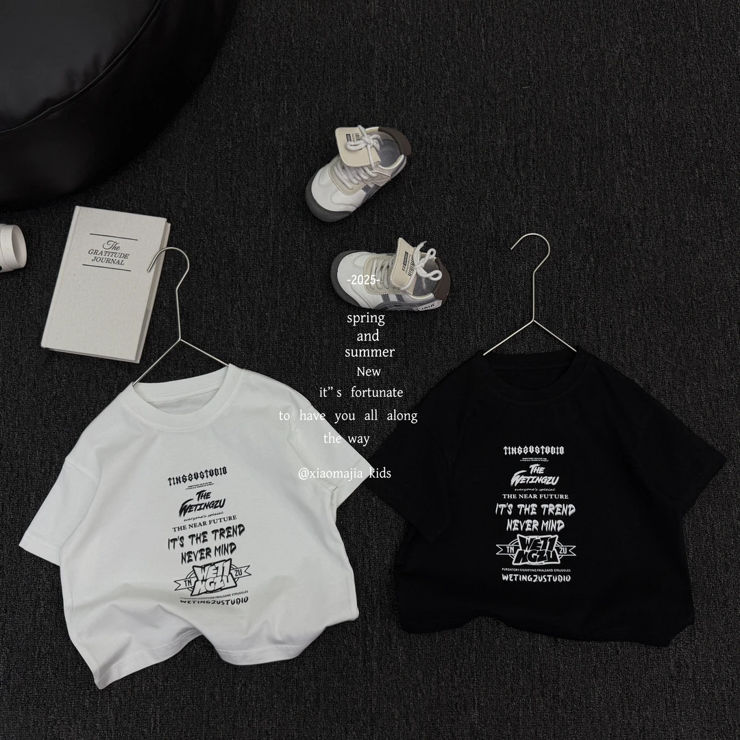 现货-亲子夏季新款时尚T恤D-6105穿搭休闲纯色圆领男童女童上衣