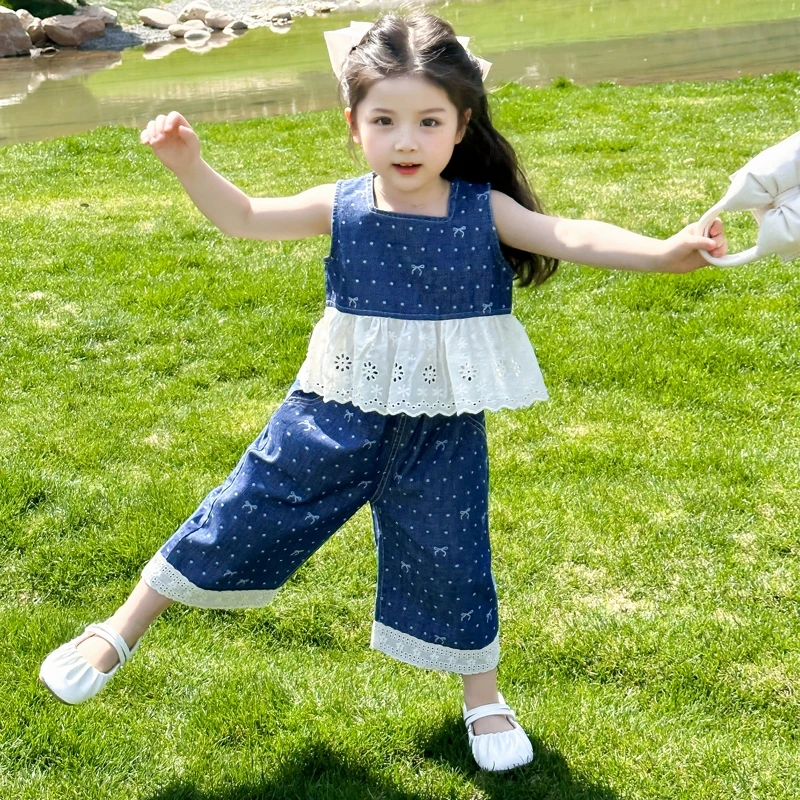 女童薄款无袖牛仔套装洋气儿童夏季新款女宝宝阔腿裤两件套小女孩