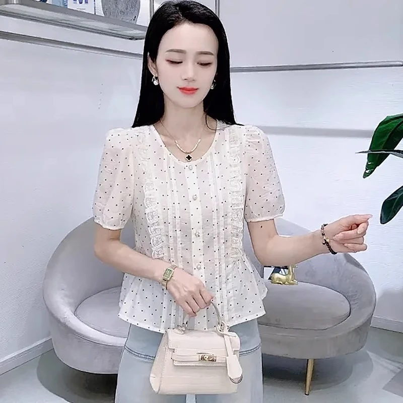 时尚法式圆领衬衫女2025夏季新款洋气显瘦小众百搭休闲短袖上衣潮