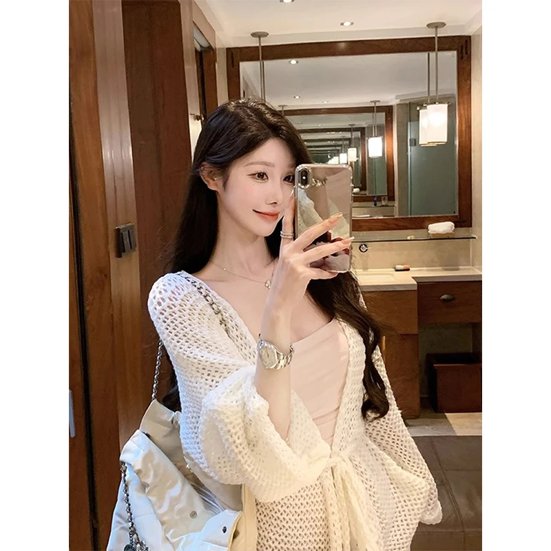 温柔镂空针织外套女夏配裙子外搭小披肩开衫外套绑带空调罩衫