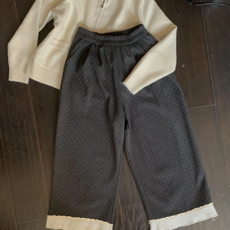 【 雨•美 推荐 】77888休闲百搭点点花边直筒裤