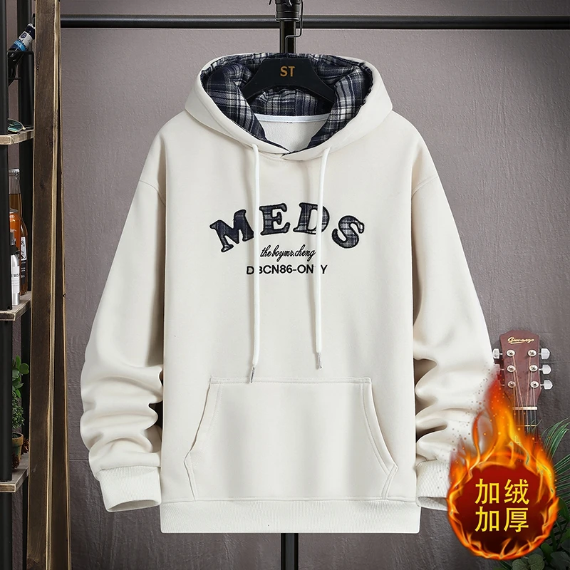 青少年加绒卫衣男生秋冬季潮流加厚连帽衫初高中学生帅气宽松男装