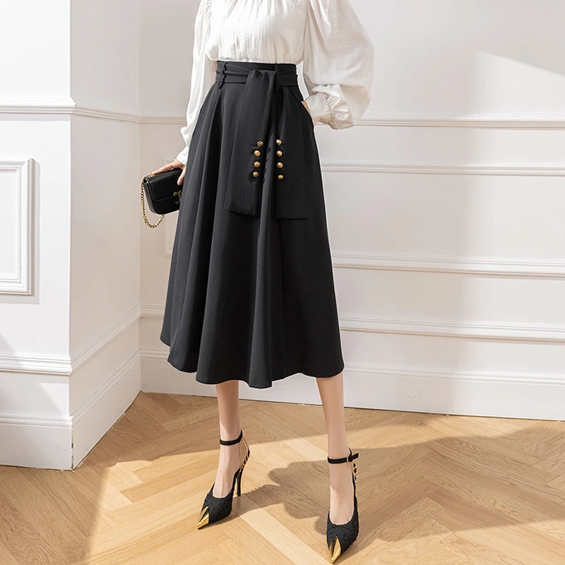 高腰伞裙女半身裙春秋设计感中长款大摆西装裙子遮胯显瘦a字长裙