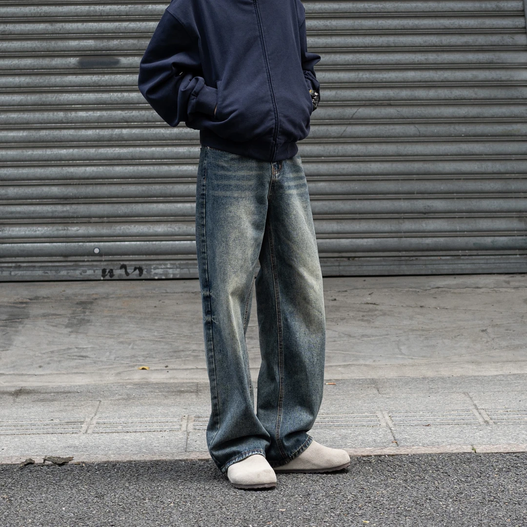 LIGGICC直筒拖地男女同款vibe休闲宽松牛仔裤扎染褶皱猫须复古潮