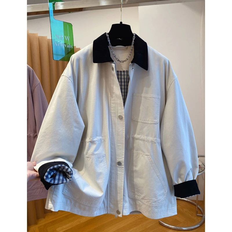 灯芯绒翻领拼接风衣外套女春秋2025新款百搭宽松洋气工装风上衣