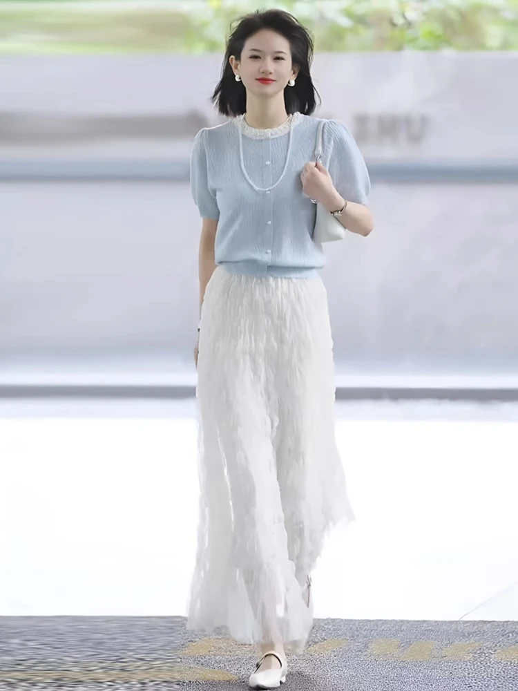 夏装搭配一整套温柔系小个子韩系高级感撞色上衣中长款半身裙套装