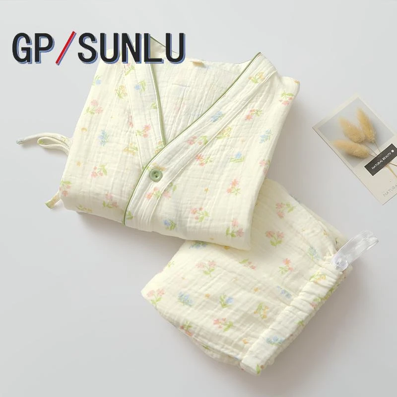 日本小众GP出口清新印花和服睡衣女棉质纱细绳长袖长裤可调节家居