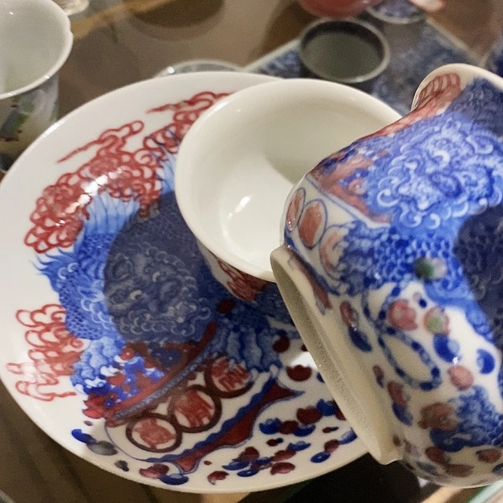 陶摆件飞天狮子青花釉里红三件套