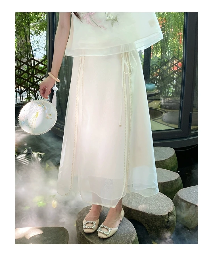 新中式国风网纱花边半身裙女夏季新款别致长裙子国风裙垂感半身裙