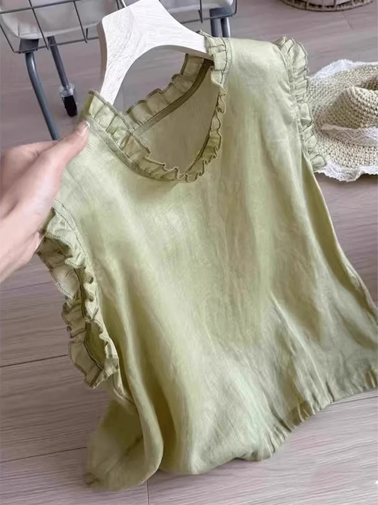 荷叶袖花边领无袖小衫百搭通勤木耳女ins风2025夏季纯色休闲衬衫