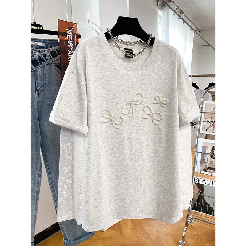 2025新款宽松纯棉大码设计感蝴蝶结胖mm短袖T恤女夏季假两件