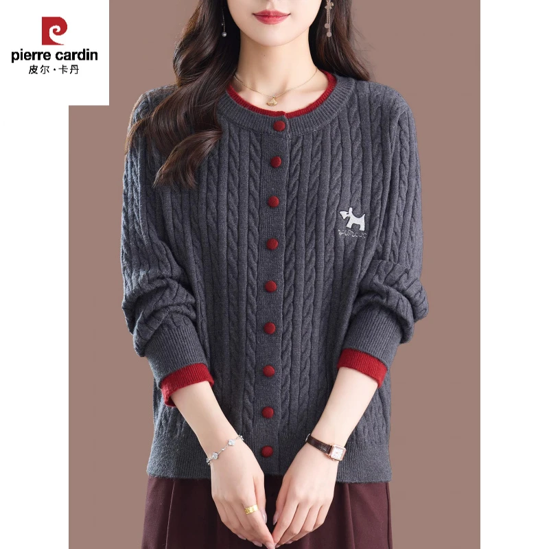 皮尔卡丹皮尔卡丹羊毛衫女2025秋装短款宽松大码圆领针织开衫中年