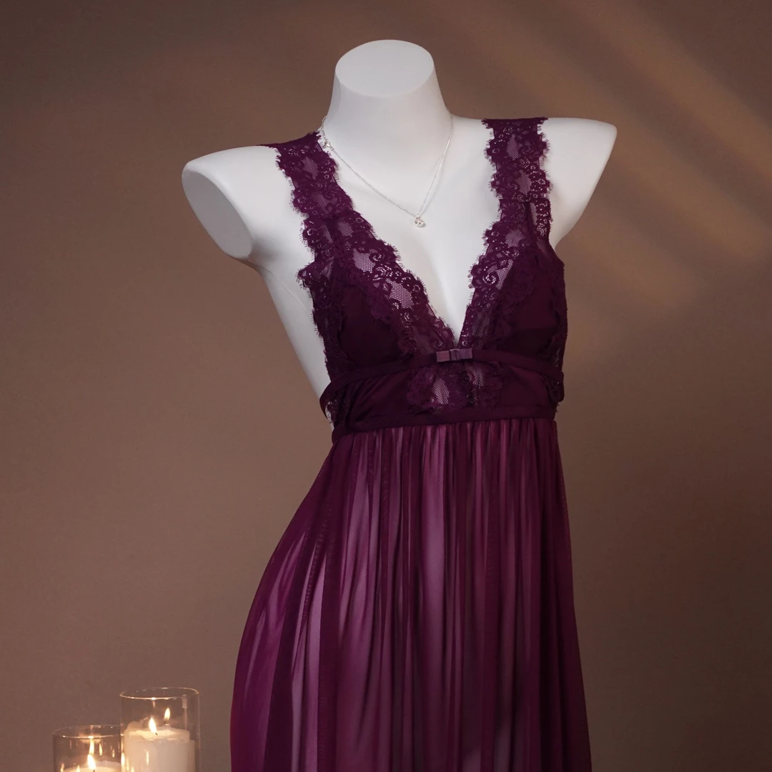 相见欢【80-150斤】紫色法式女士性感睡裙美背纯欲风蕾丝睡裙