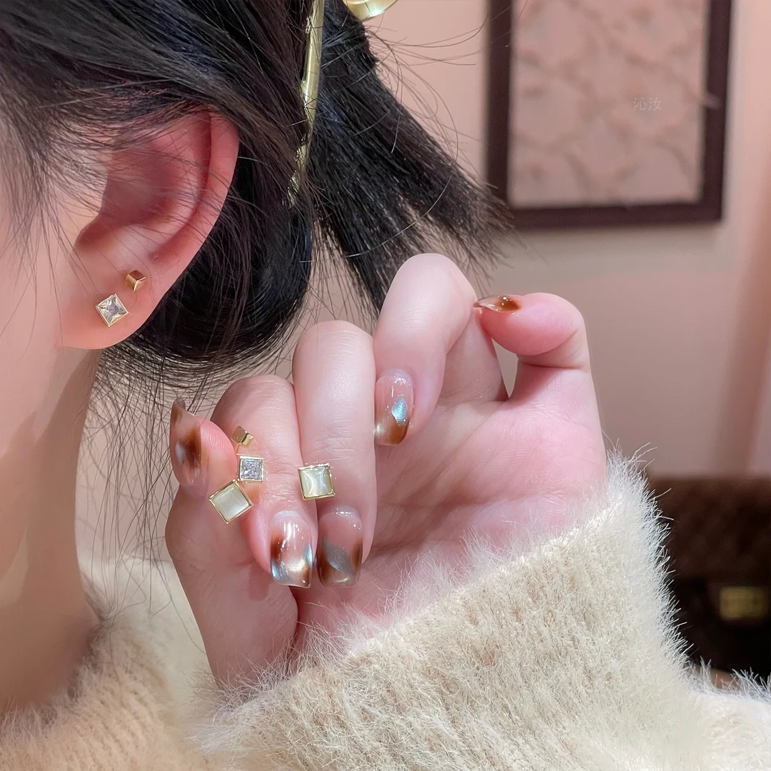 【沁汝饰品】FM742金色几何方形耳钉六件套小众['双11好物']