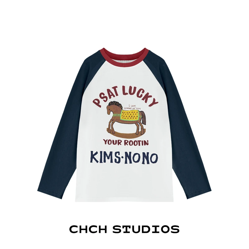 RATX52956早秋时尚百搭拼接袖小马刺绣插肩袖薄款上衣女