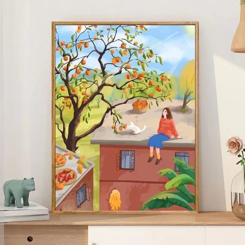 春日女孩猫咪客厅卧室装饰画郁金香樱桃治愈简约玄关挂画卧室房间