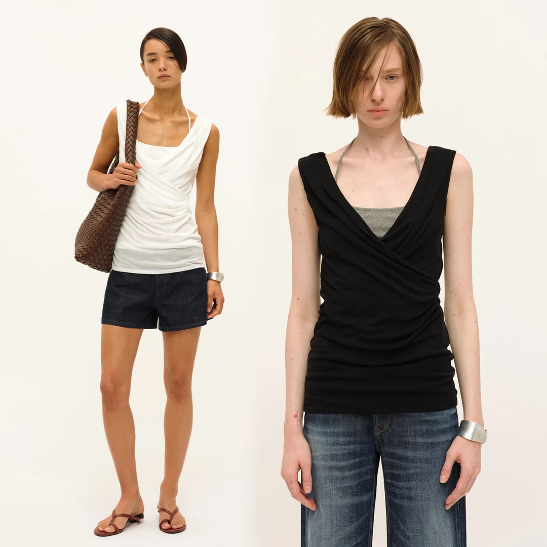 SMIIILE真两件撞色天丝针织挂脖绑带吊带背心女叠穿褶皱无袖上衣