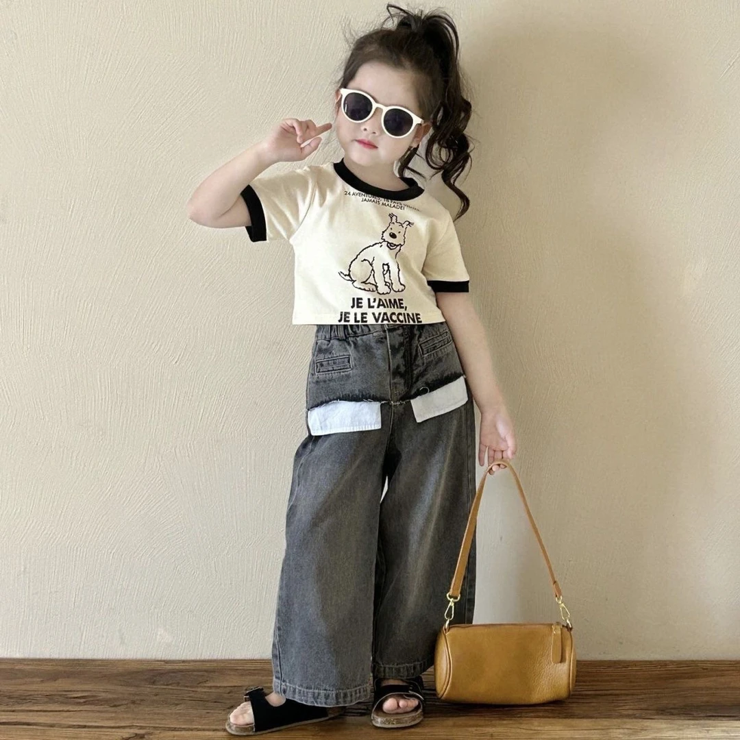 韩版女童套装2024新款印花可爱卡通短袖T恤个性大口袋阔腿牛仔裤