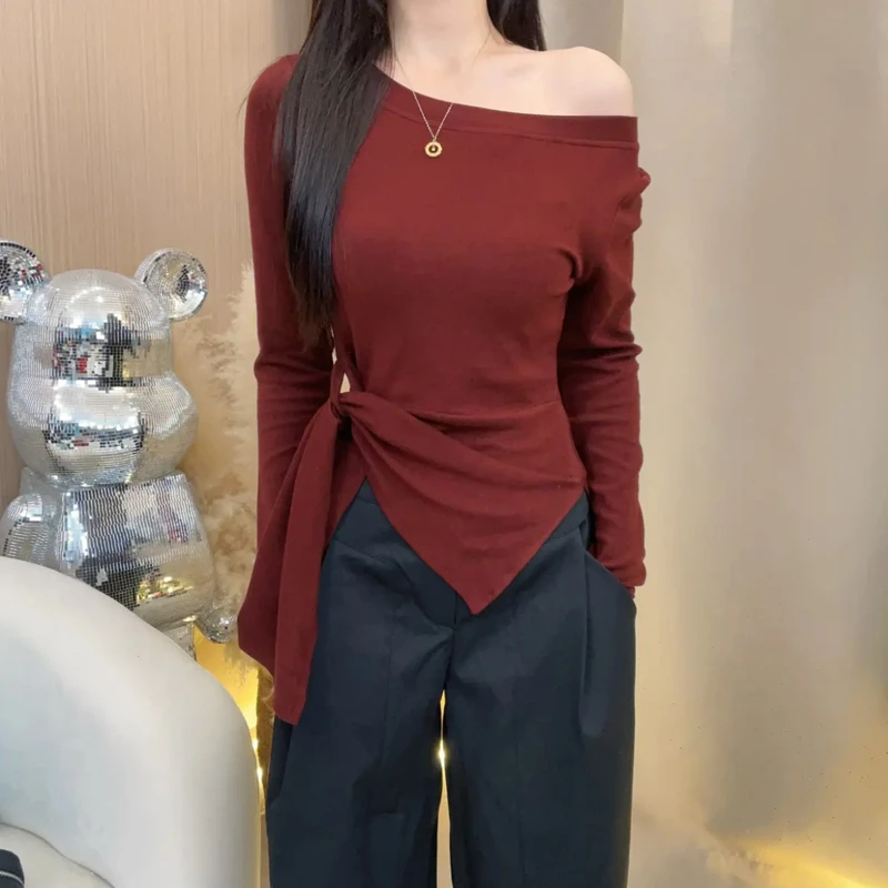 欧货辣妹斜肩露肩长袖打底衫T恤女2025早秋穿搭褶皱修身内搭上衣