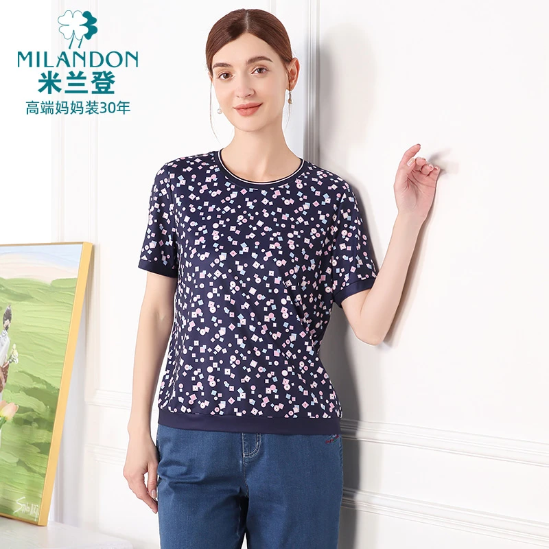 MILANDON/米兰登宽松型休闲风短袖T恤夏季圆领印花女士3Q2T1196X