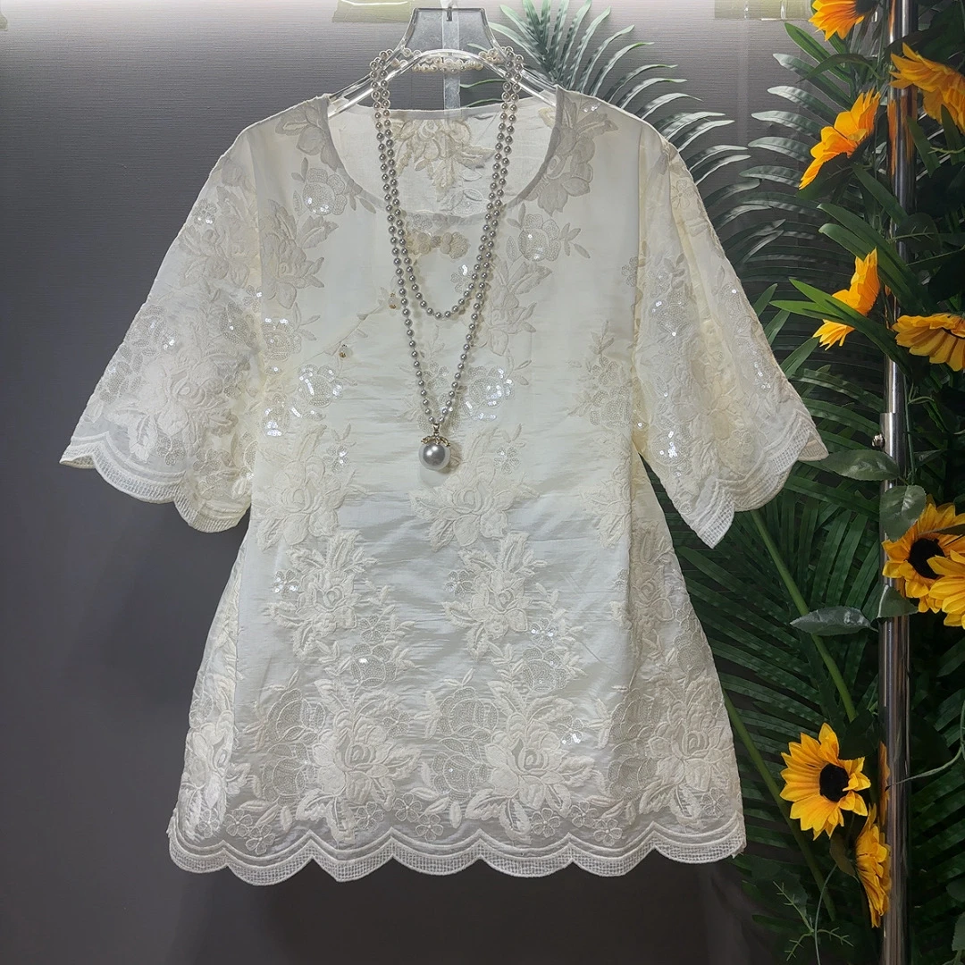 夏季胖妹妹大码女装新款古风提花刺绣新中式盘扣奢华宽松洋气上衣