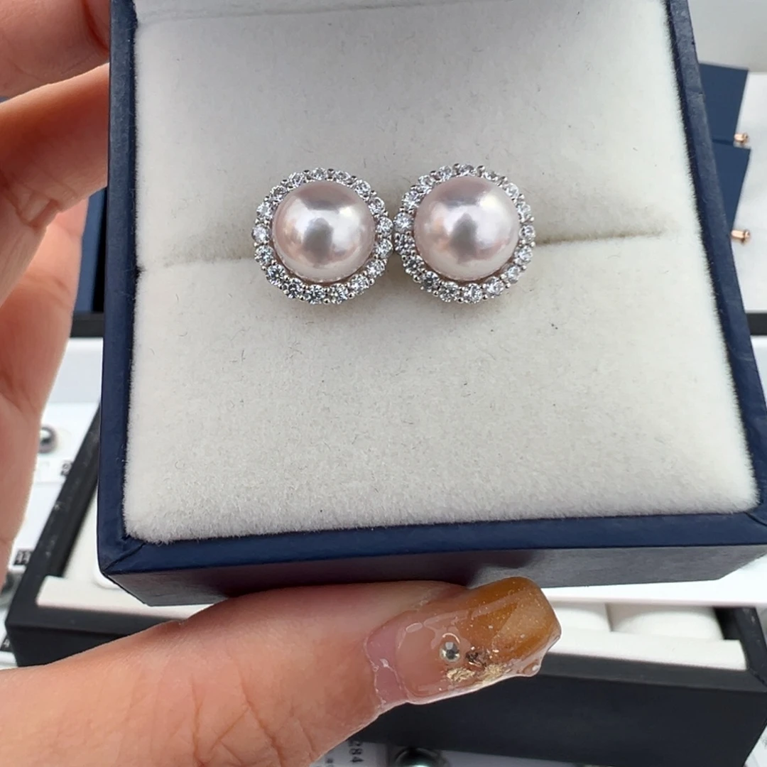 海水珍珠银S925镶嵌耳饰Akoya耳钉8-9mm可定制爱