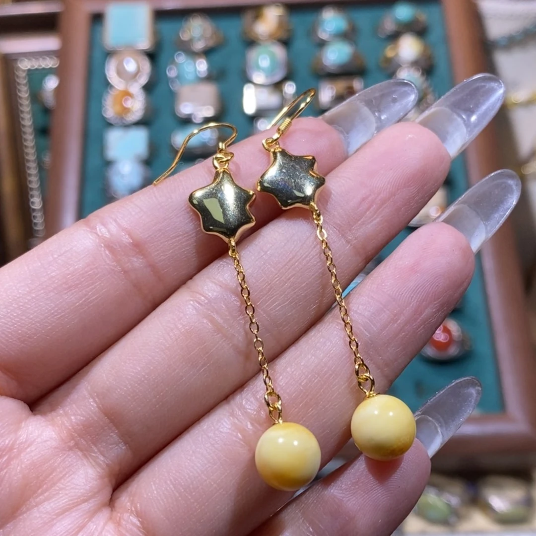 银S925镀金镶嵌琥珀耳饰耳坠