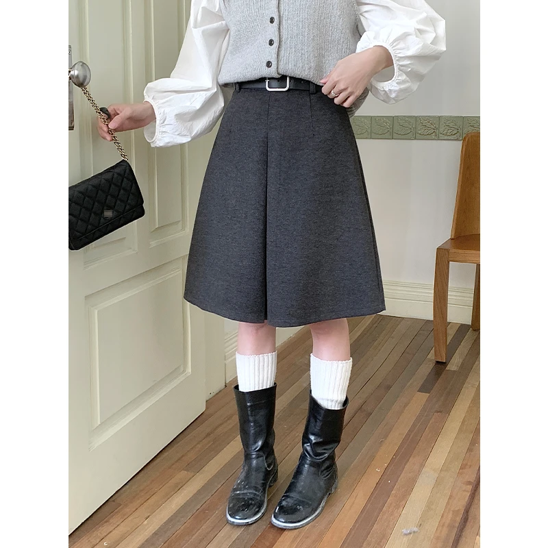 深灰色毛呢半身裙女秋冬季显瘦高腰a字裙设计感开衩五分裙