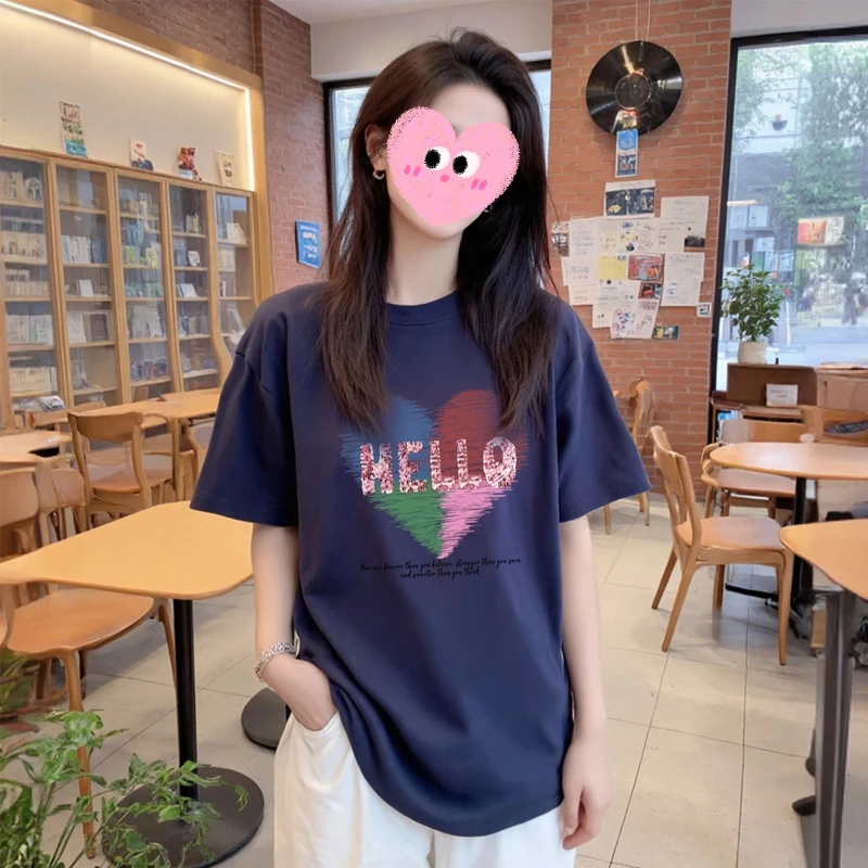 2025春夏季新款韩版宽松显瘦短袖T恤女印花圆领时尚休闲百搭上衣