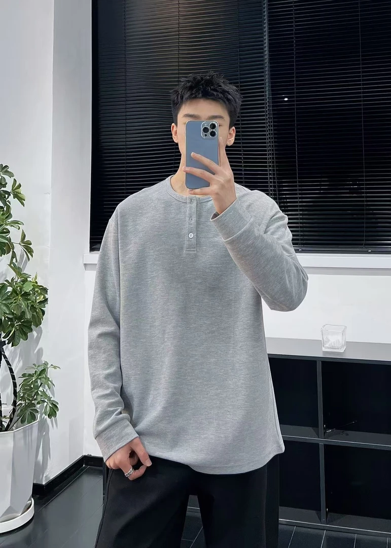 YJNINESEVEN2025春夏季重磅亨利领长袖T恤男女百搭宽松打底衫9901