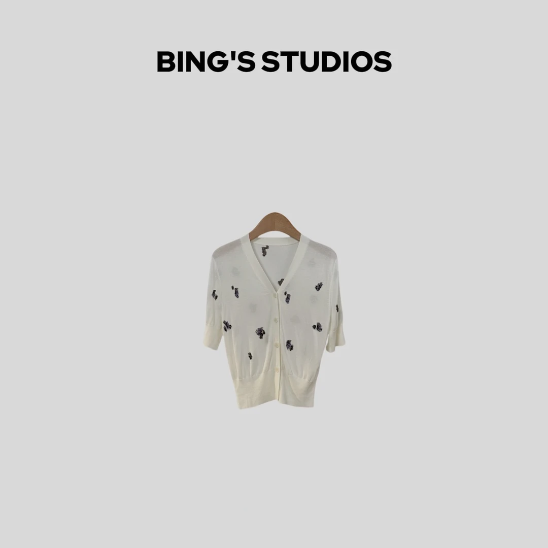 Bing Studios｜气质重工轻奢时尚V领纽扣印花针织短袖开衫 3005