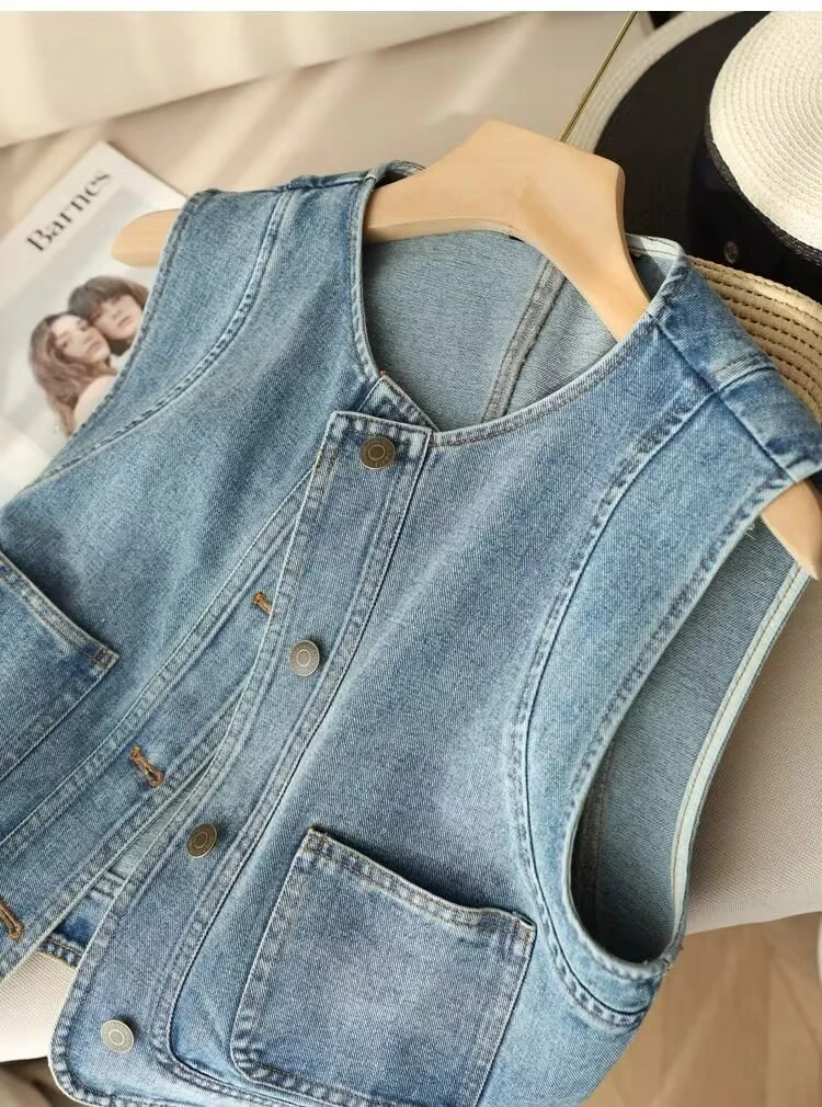 时髦洋气百搭叠穿牛仔马甲女春夏宽松短款小个子无袖外套休闲上衣