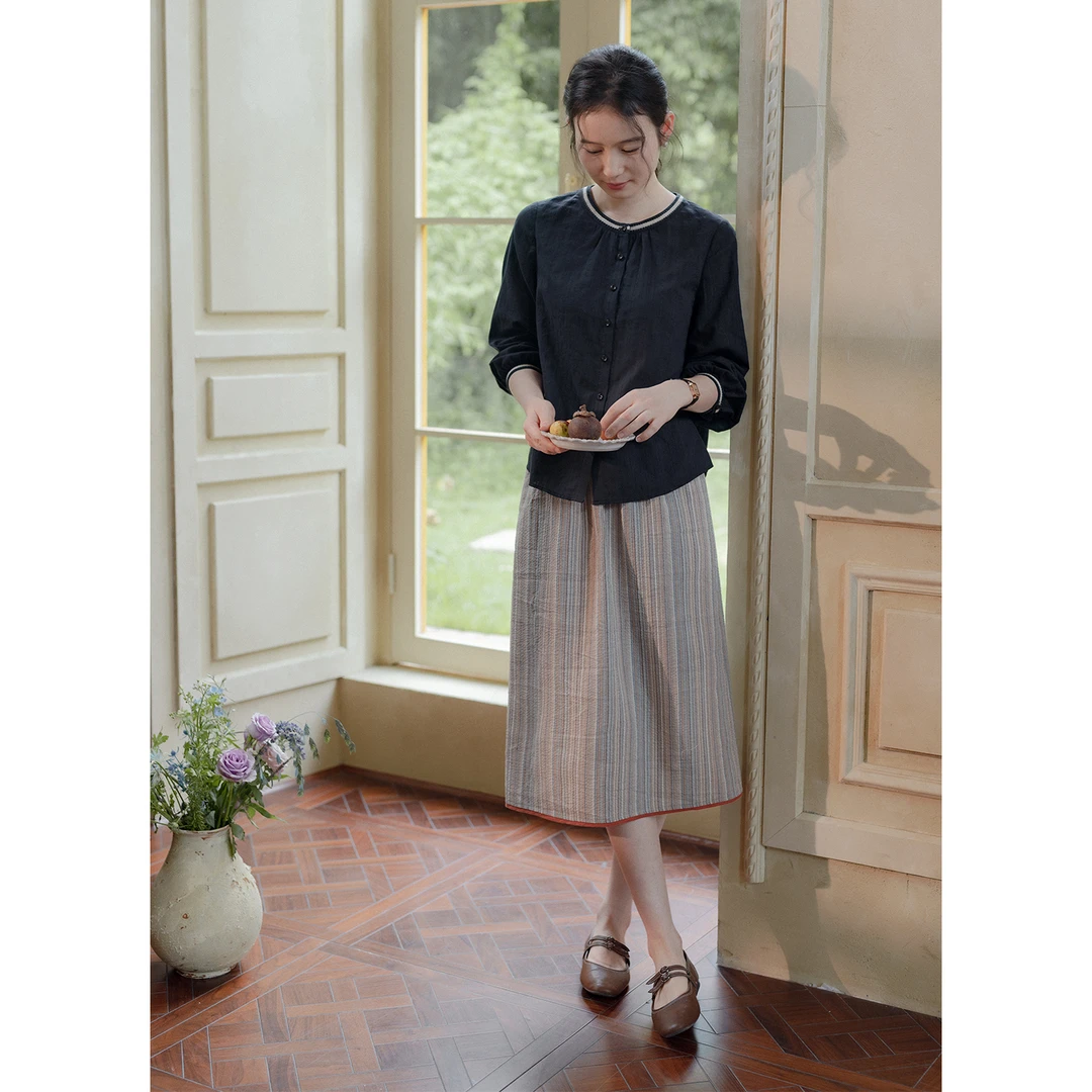 红念复古条纹半身裙女中长款2025秋季新款气质百搭a字裙显瘦裙子