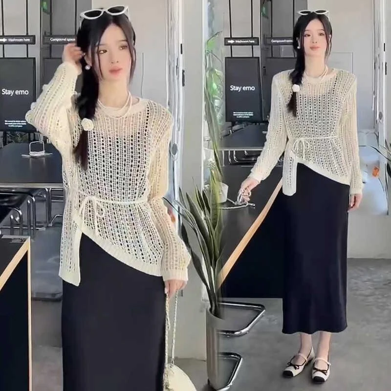 新款洋气时髦连衣裙套装女时尚春装收腰镂空吊带裙两件套