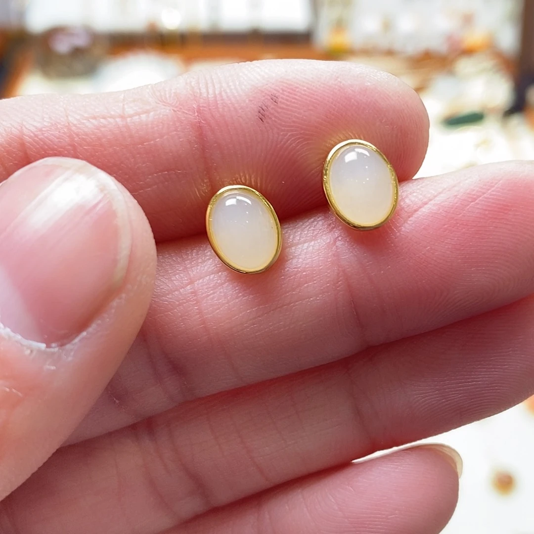 和田玉耳饰银S925镶嵌