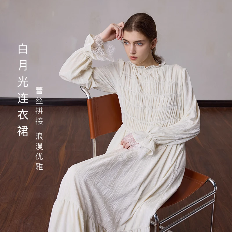 MSLAN【罗曼蒂克】冬新款法式木耳边丝绒裙蕾丝拼接复古连衣裙
