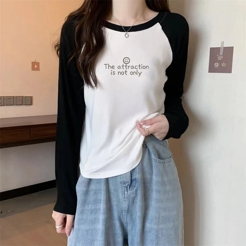 春秋新款长袖T恤女大码胖mm内搭打底小众插肩袖显瘦撞色体恤上衣