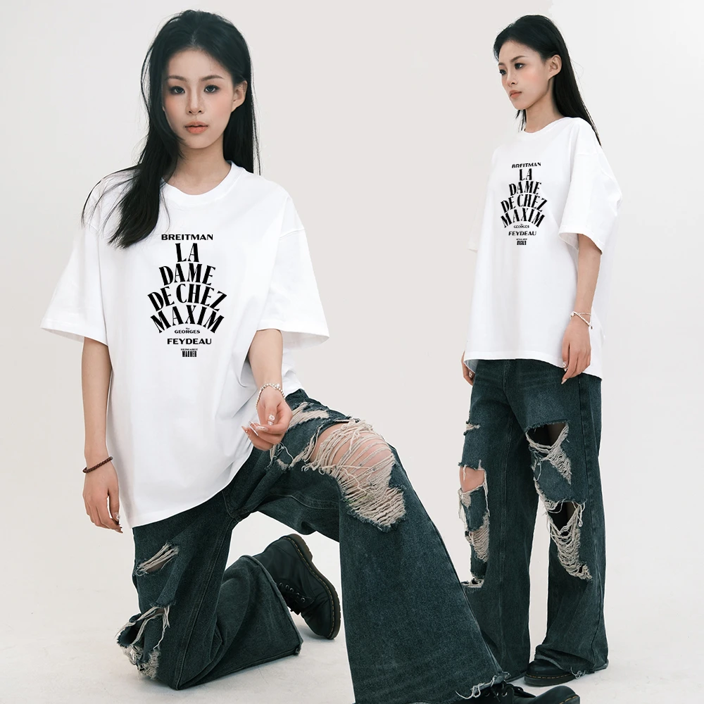 纯棉小众设计感领口印花短袖T恤男女美式潮牌复古宽松休闲上衣ins