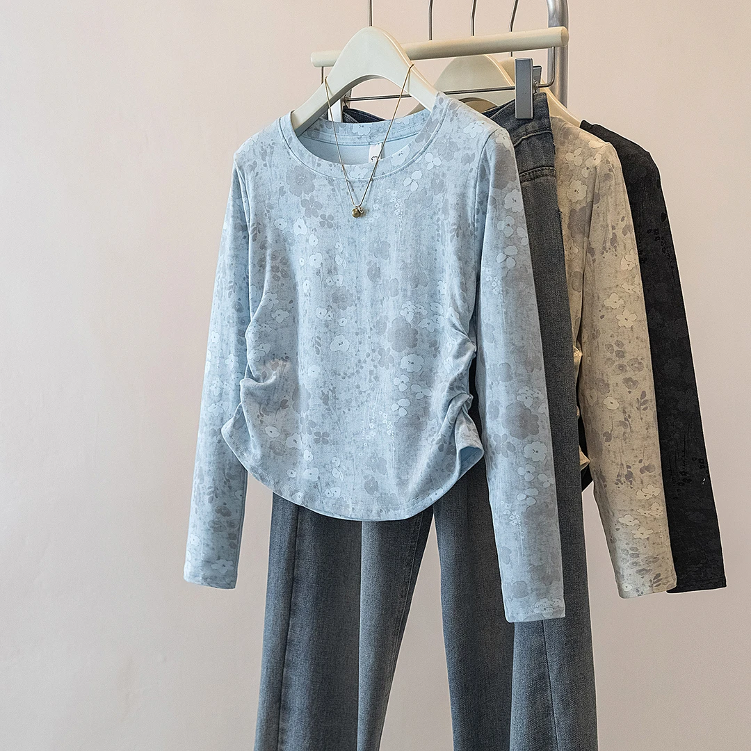 yoewshean/羽媗秋冬季微胖mm大码女装扎染t恤显瘦内搭打底衫上衣