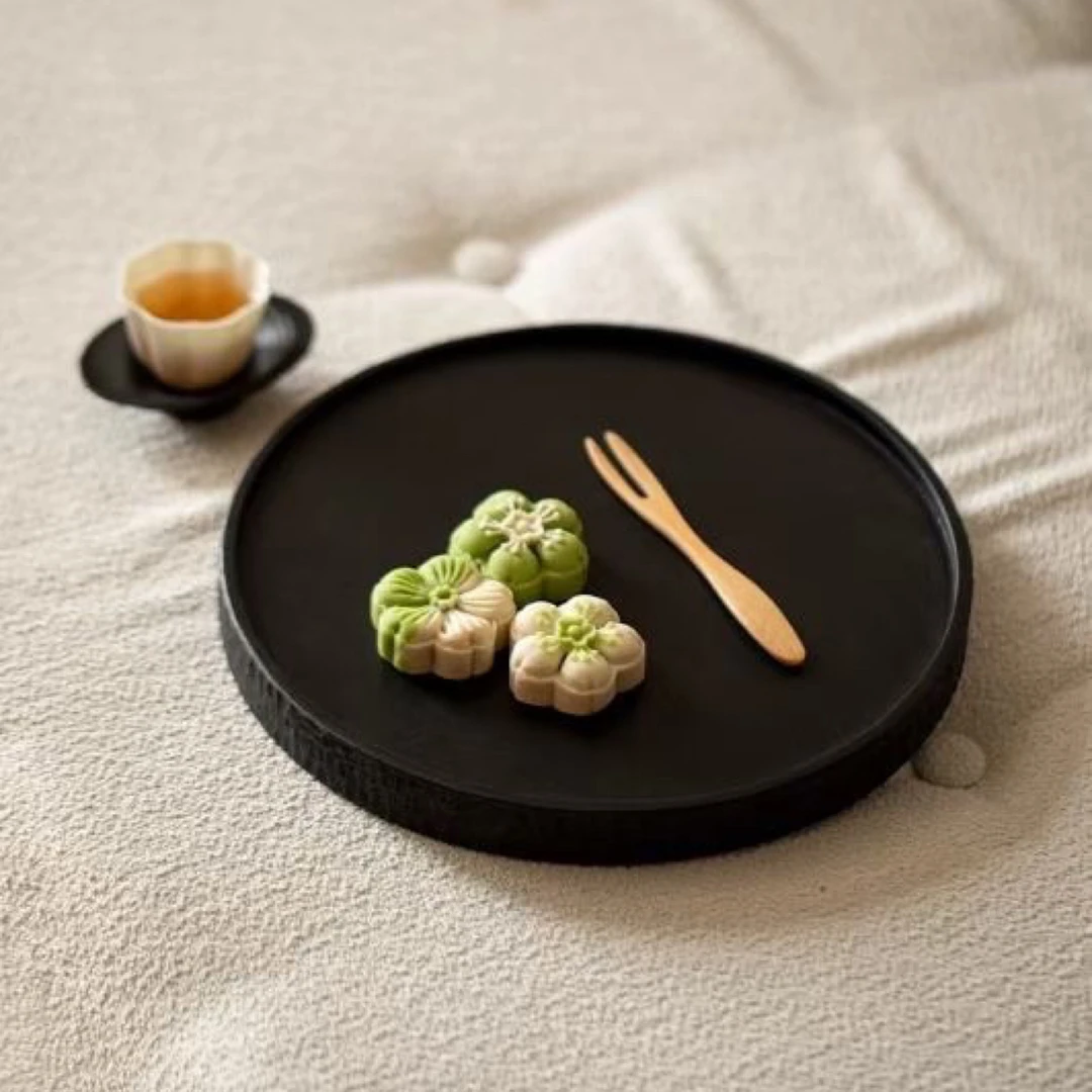 VANX梵星器皿｜樱桃木小圆形盘 茶点盘果盘 壶承 原木色黑色简约