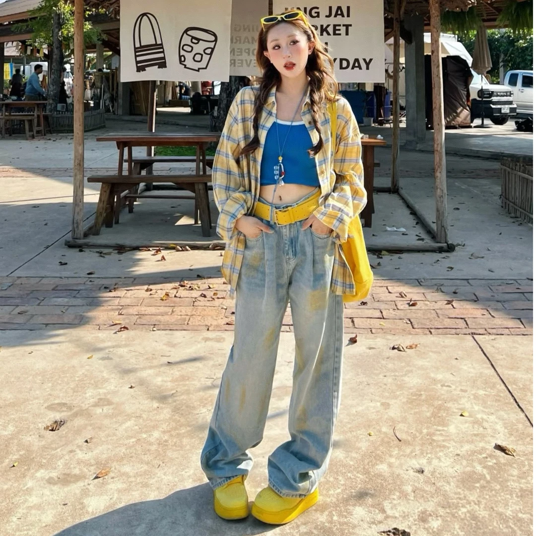 慵懒风黄色格子Polo领衬衫女装春夏小众休闲宽松长防晒