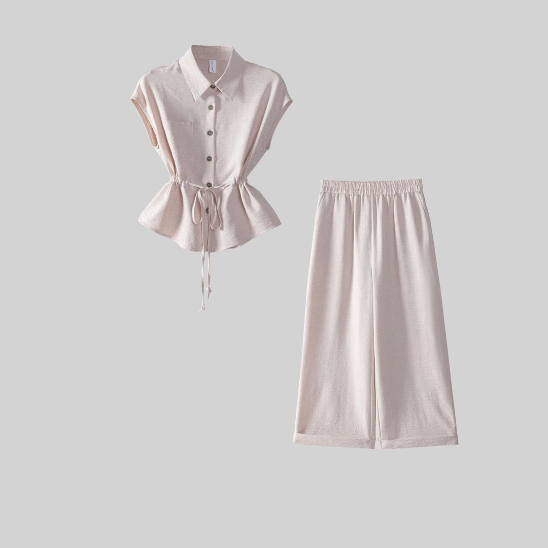 韩系短袖衬衫套装女夏新款轻熟风通勤宽松阔腿裤休闲两件套L0117