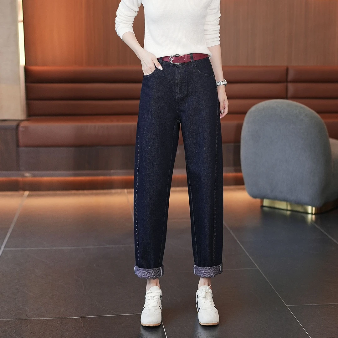 2025早秋款九分卷边牛仔弯刀裤高腰宽松弹力大码阔腿休闲