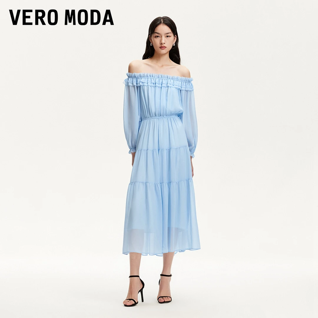 VeroModa连衣裙夏季新款高贵木耳边A字雪纺裙优雅浪漫气质裙子
