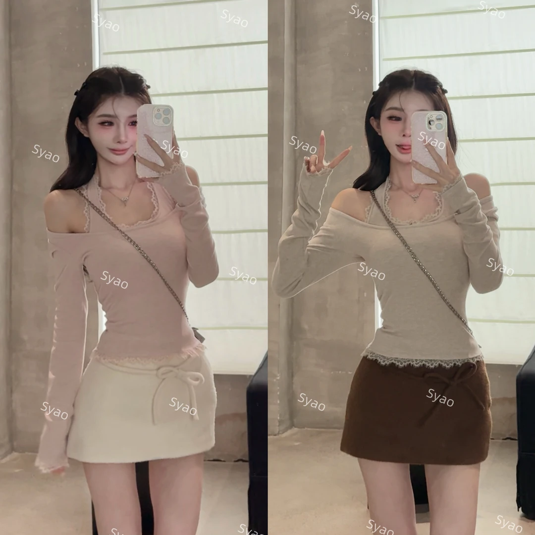 思瑶【燕麦奶咖】蕾丝拼接假两件挂脖针织衫搭A字绑带半裙#1235