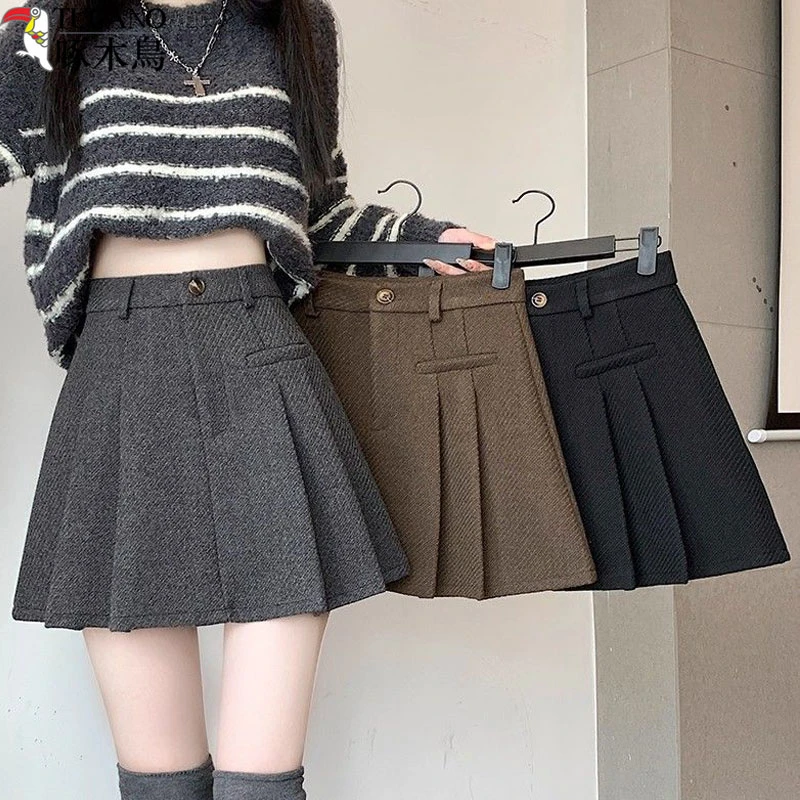 啄木鸟新款毛呢百褶裙女款爆款毛呢裙冬季裙子高腰显瘦黑色半身裙