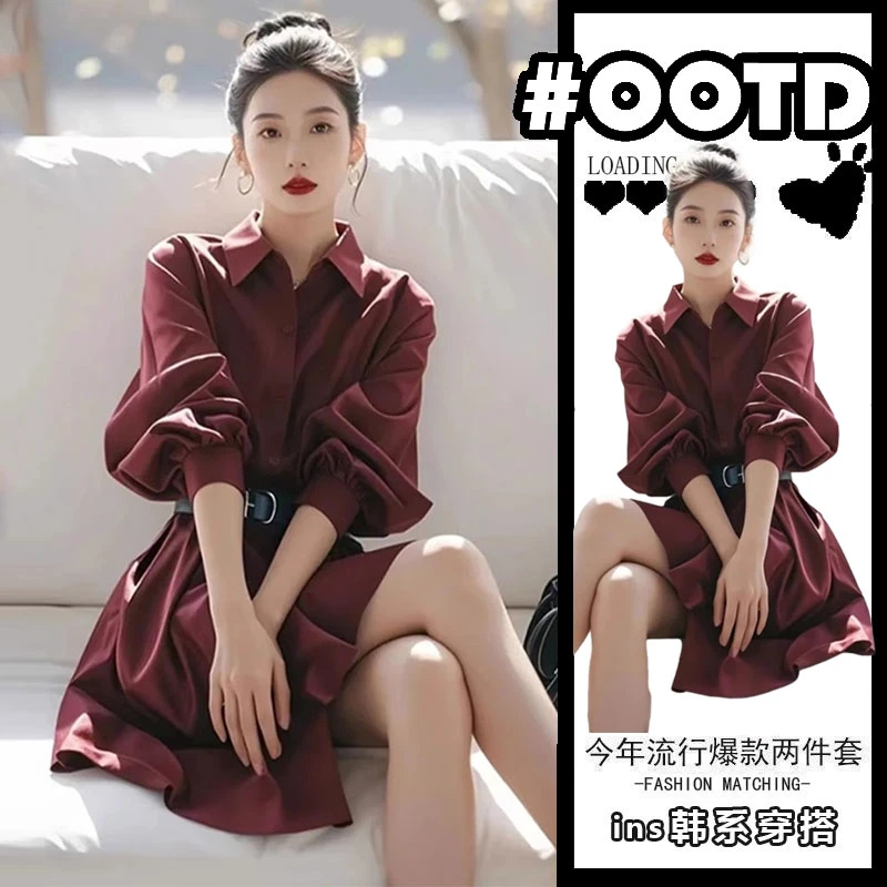 高级感女神范红色衬衫裙2025早春新款赫本风气质减龄裙子高知穿搭