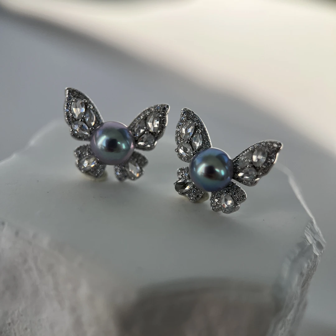 海水真多麻蝴蝶耳钉 s925银配件